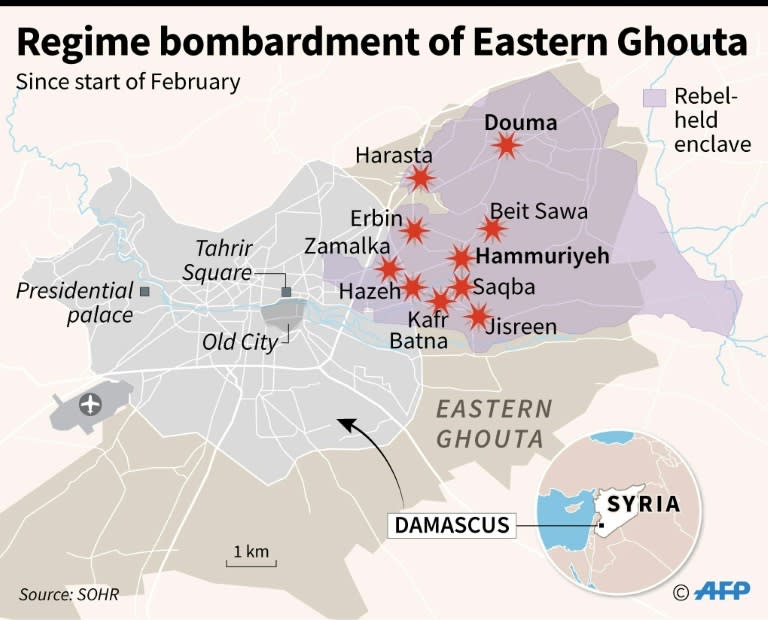 Map of Damascus locating areas of the besieged rebel enclave in Eastern Ghouta hit by regime strikes since February 1