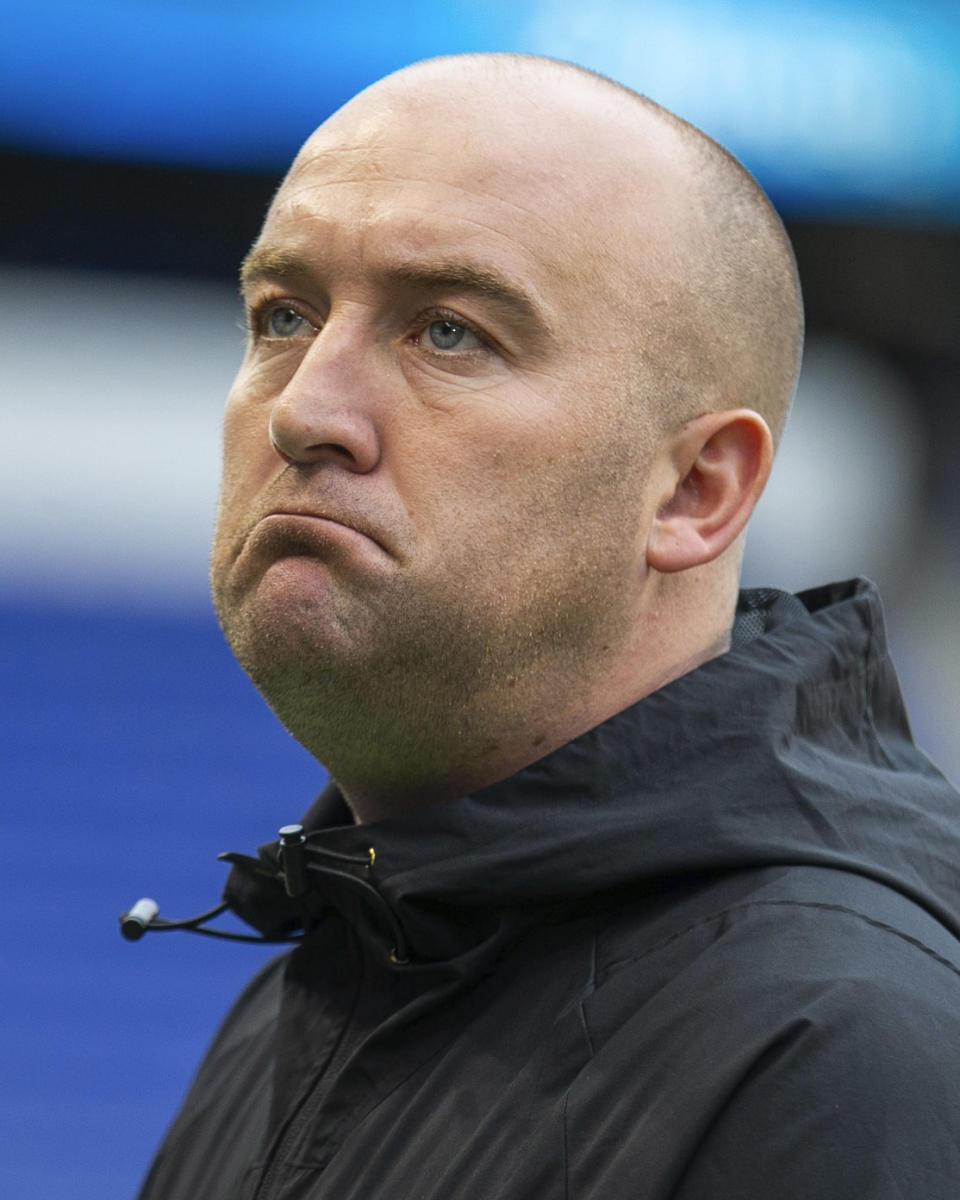 New York City FC coach Nicholas Cushing reacts during an MLS soccer match against Toronto FC at Red Bull Arena, Sunday, Sept. 24, 2023, in Harrison, N.J. (AP Photo/Andres Kudacki)