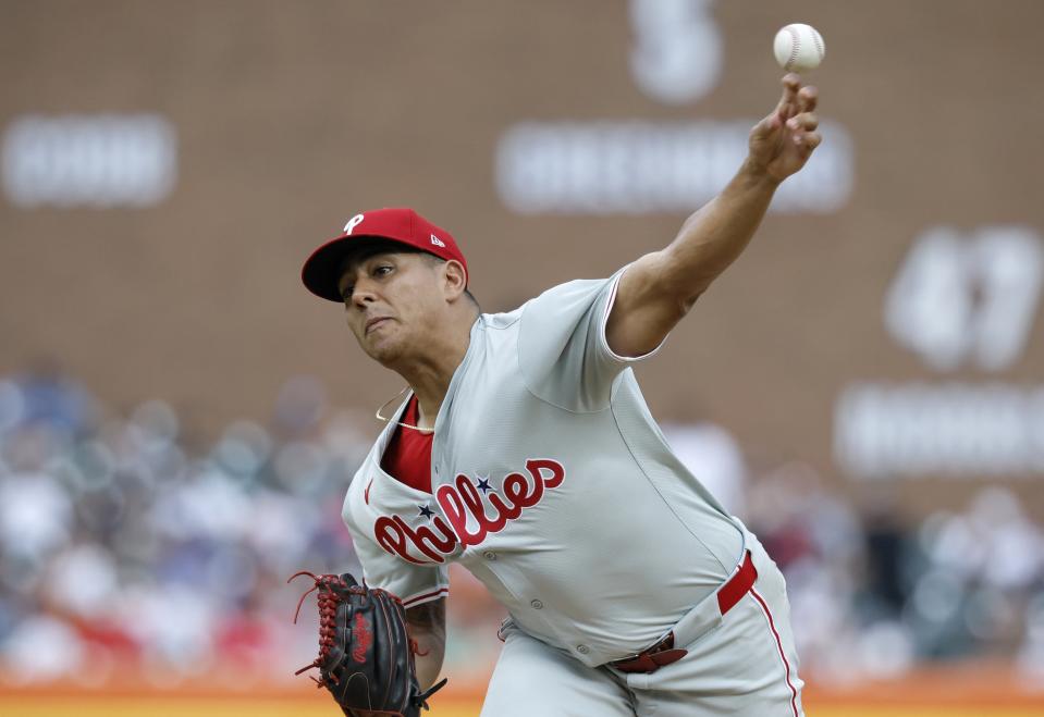 Philadelphia Phillies' Ranger Suarez pitches to a Detroit Tigers during the second inning of a baseball game Tuesday, June 25, 2024, in Detroit. (AP Photo/Duane Burleson)