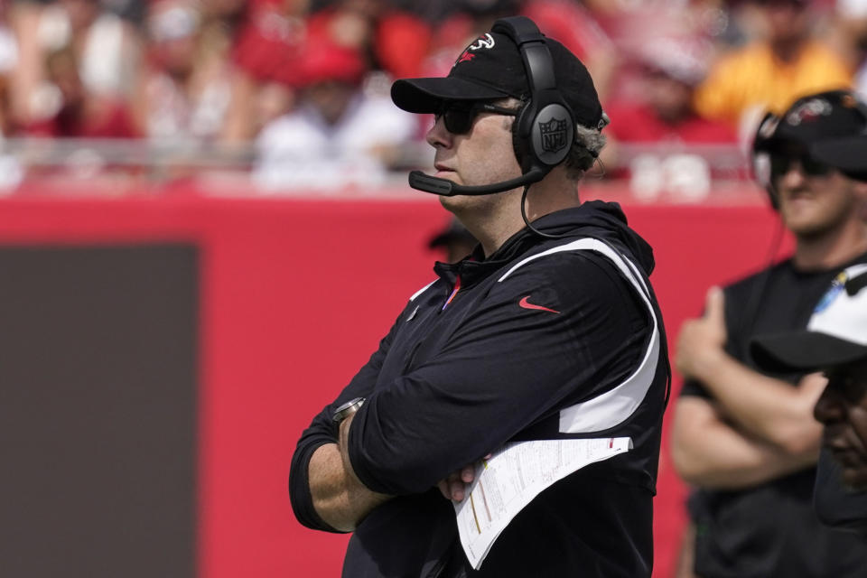 Atlanta Falcons head coach Arthur Smith watches play against the Tampa Bay Buccaneers during the first half of an NFL football game Sunday, Oct. 9, 2022, in Tampa, Fla. (AP Photo/Chris O'Meara)