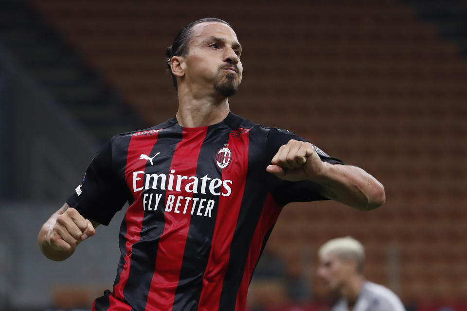 FILE - In this Sept. 21, 2020 file photo, AC Milan's Zlatan Ibrahimovic reacts during the Serie A soccer match between AC Milan and Bologna at the San Siro stadium, in Milan, Italy. The Swedish ace tested positive to COVID-19 and will miss tonight's Europa League 3rd round qualifying soccer match between AC Milan and Bodo Glimt and also a few of the next matches of the Italian Serie A. (AP Photo/Antonio Calanni)