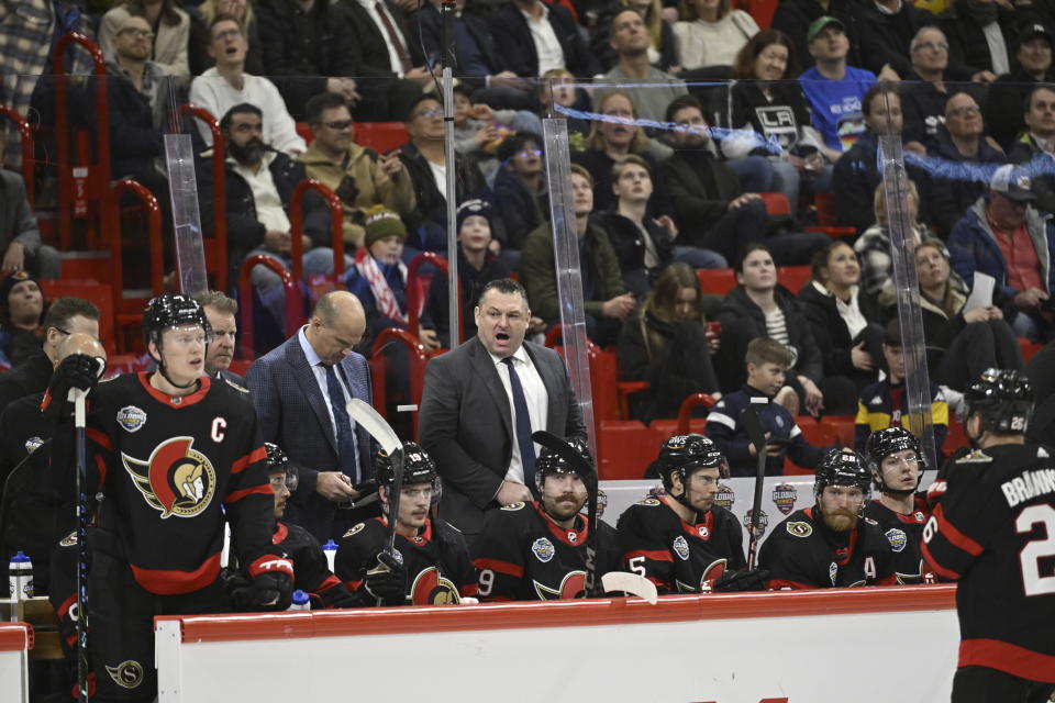 Ottawa Senators head coach D.J. Smith reacts during the NHL Global Series Sweden ice hockey match between Detroit Red Wings and Ottawa Senators at Avicii Arena in Stockholm, Sweden on Thursday, Nov. 16, 2023. (Henrik Montgomery/TT News Agency via AP)