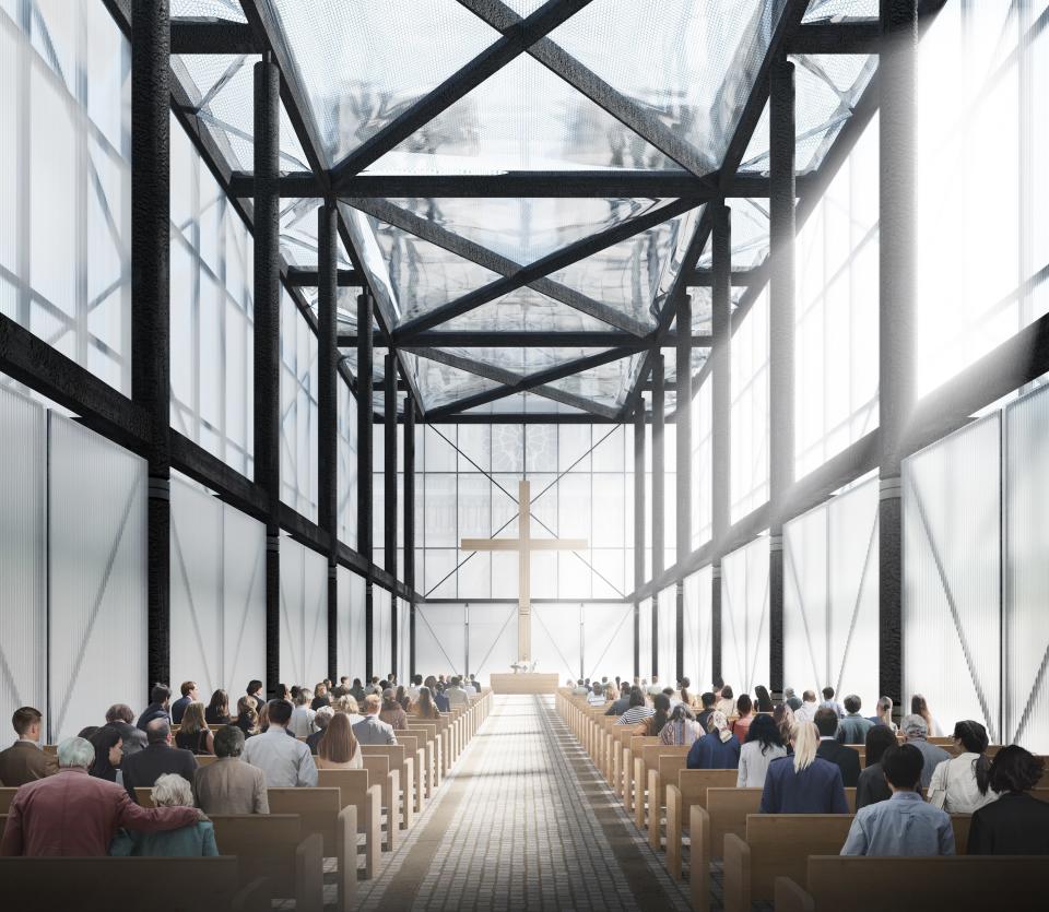 The space allows for up to 800 guests for a mass service. Mimicking the traditional orientation of a church, it's set up so that visitors enter through the west end, with the cross on the east end.