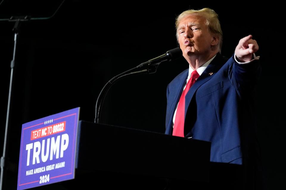 Republican presidential candidate former President Donald Trump speaks at a campaign rally Saturday, March 2, 2024, in Greensboro, N.C. (AP)