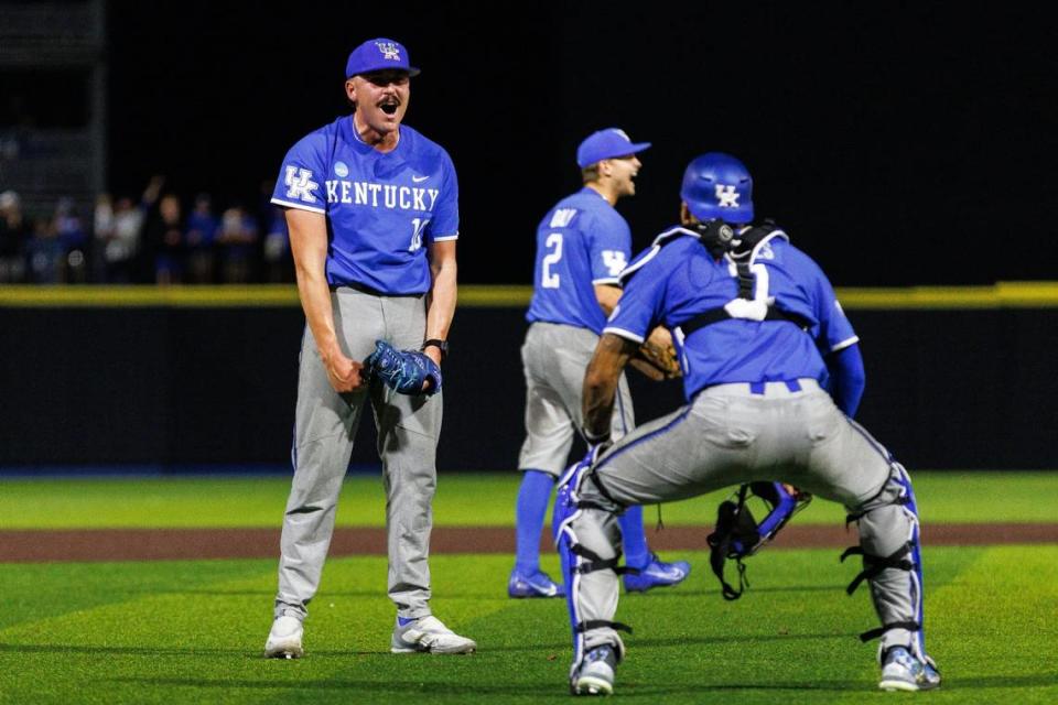 Kentucky pitcher Cameron O’Brien (10) celebrates as the Wildcats get the final out in their 5-0 win over Indiana State on Sunday night.