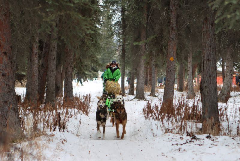 Ryan Redington leaves the Rohn checkpoint after a quick stop during the Iditarod Trail Dog Sled Race