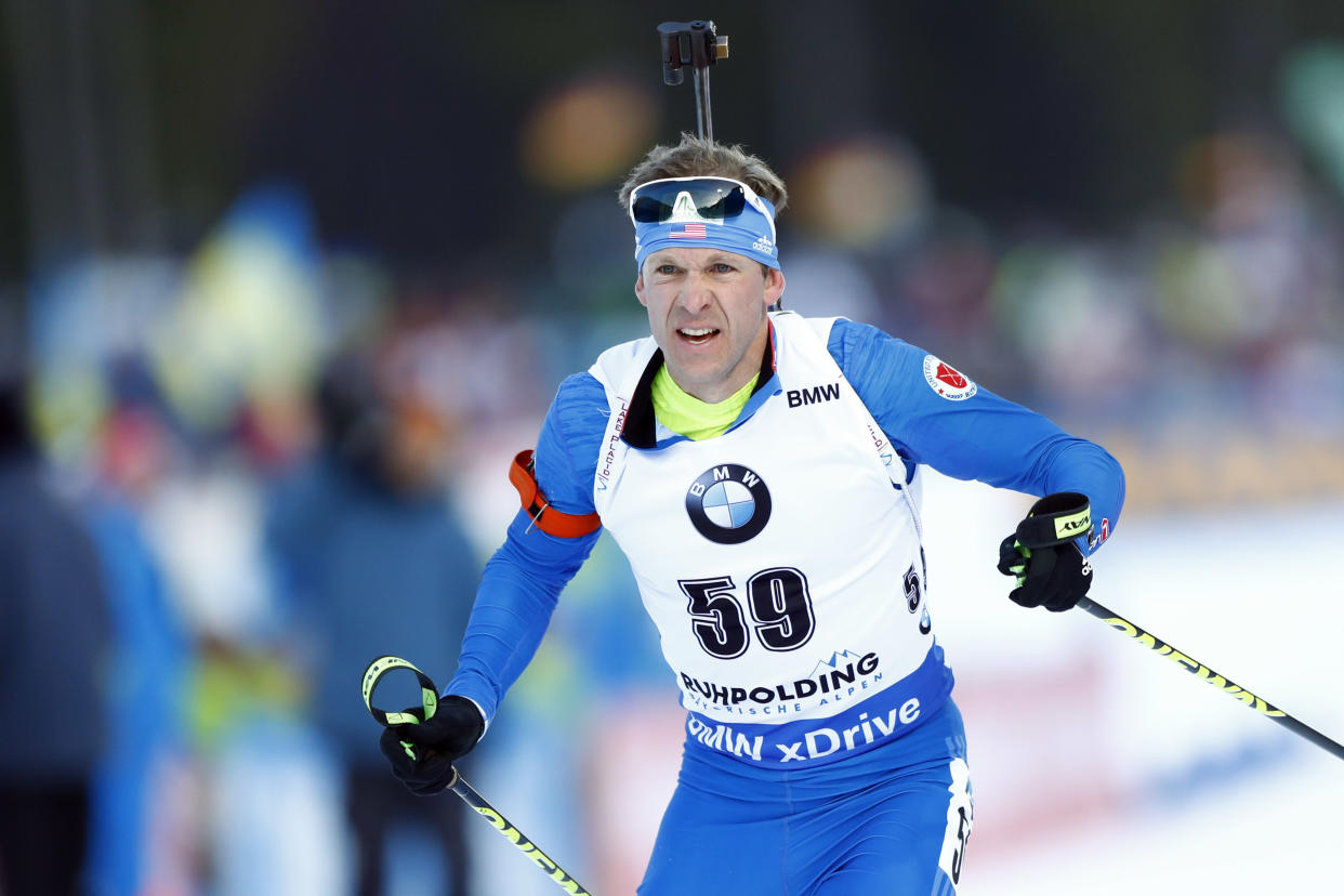 Lowell Bailey of the U.S. competes during the men’s 20 km individual competition at the biathlon World Cup in Ruhpolding, Germany, Wednesday, Jan. 10, 2018. (AP)