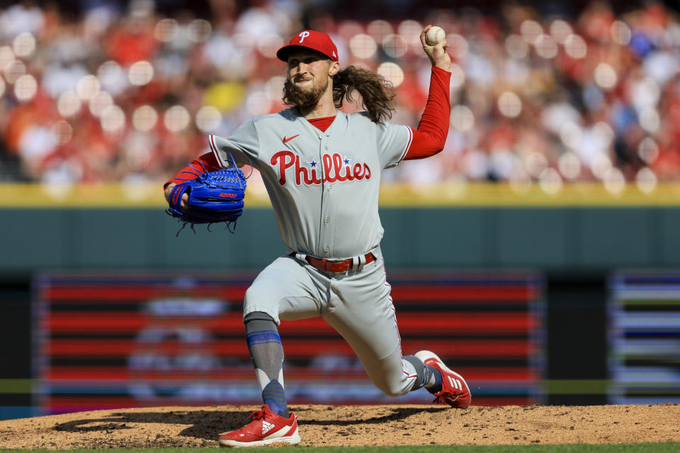 Philadelphia Phillies' Matt Strahm throws during the second inning of a baseball game against the Cincinnati Reds in Cincinnati, Saturday, April 15, 2023. (AP Photo/Aaron Doster)