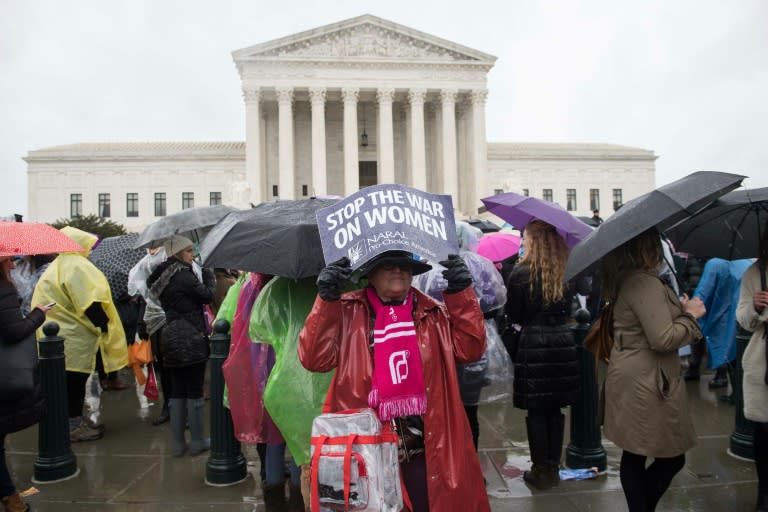 A pro-abortion activist demonstrates in front of the US Supreme Court as the court hears a challenge to California law requiring anti-abortion pregnancy clinics to distribute information on family planning services