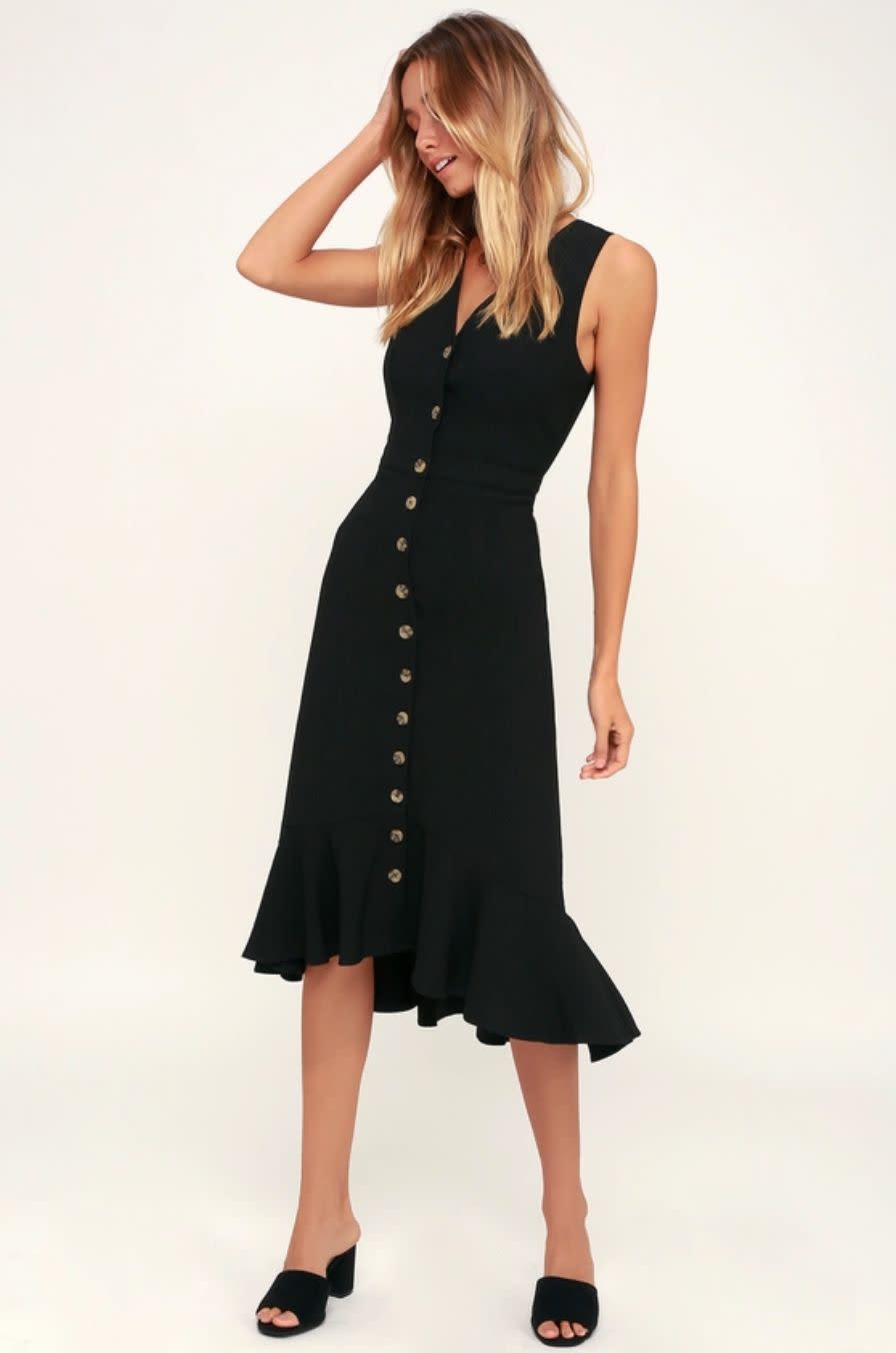 <strong><a href="https://www.lulus.com/products/when-we-first-met-black-button-front-midi-dress/694972.html" target="_blank" rel="noopener noreferrer">Lulu's black button-front midi dress</a>, $59</strong>