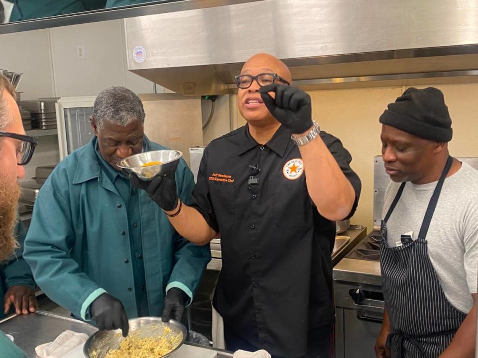 “Chef Jeff” Henderson shows off his “jailhouse tuna” recipe, made entirely from ingredients available in a prison commissary -- except balsamic vinegar. He visited Orange Correctional Center, where a culinary arts program restarts soon.