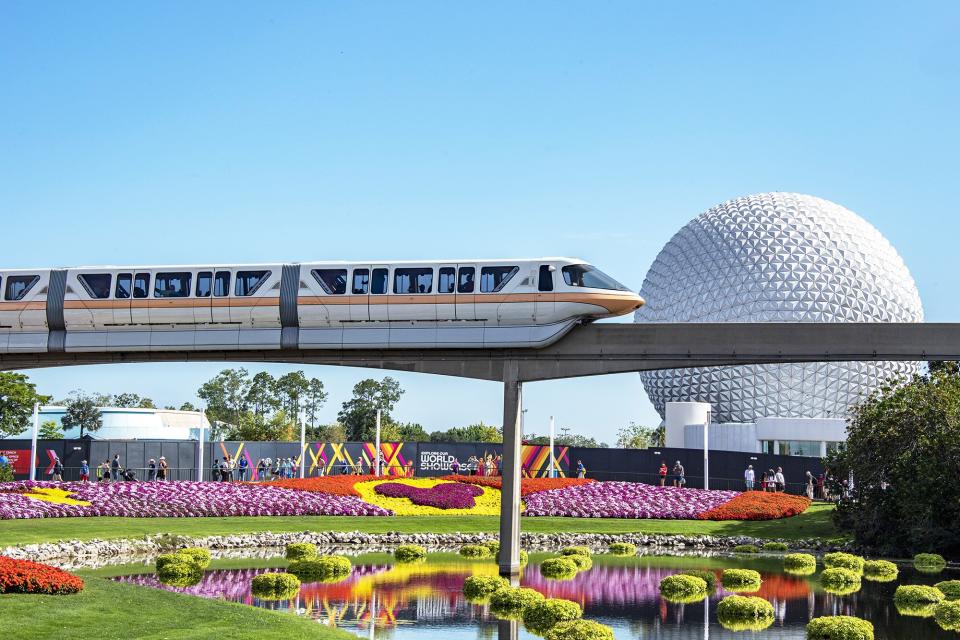 A monorail zips at Epcot at Walt Disney World in Orange County, Florida