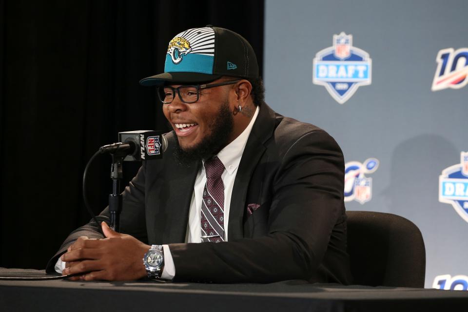 Florida's Jawaan Taylor at a press conference after the Jacksonville Jaguars selected the former Cocoa High star in the second round of the NFL football draft, Friday, April 26, 2019, in Nashville, Tenn.