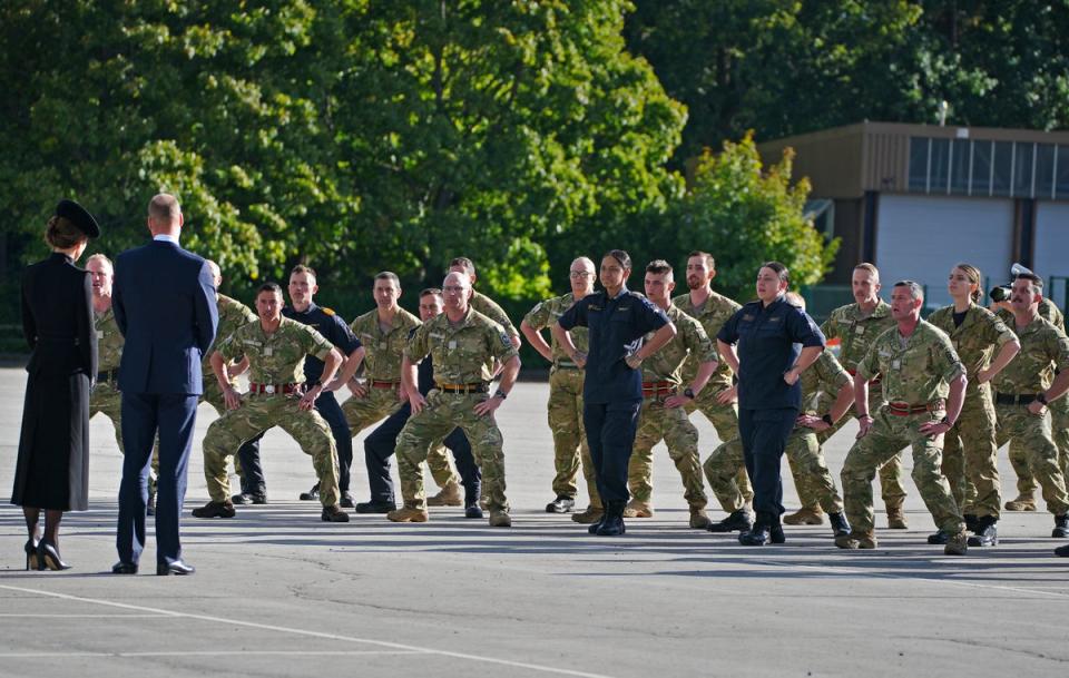 The Prince and Princess of Wales watch New Zealand troops performing the haka (Peter Byrne/PA) (PA Wire)