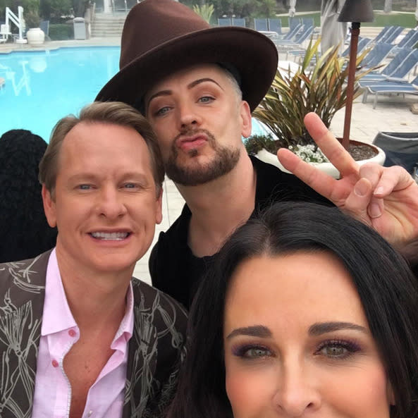 Kyle Richards, with Carson Kressley and Boy George working it for “Celebrity Apprentice”: “Never boring with these two [3 dancing girl emoji] @carsonkressley & @boygeorgeofficial #celebapprentice” -@kylerichards18