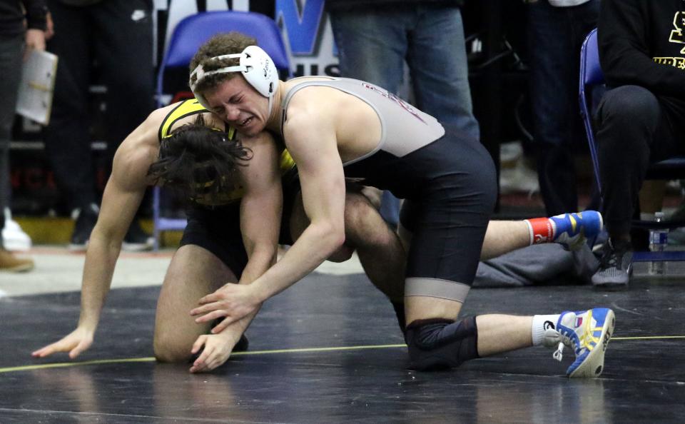 Elmira's Donavan Smith, top, won by pin over Thomas Mancini of St. Anthony's in the 152-pound third place match as First Arena hosted the Southern Tier Classic wrestling tournament Jan. 14, 2022.