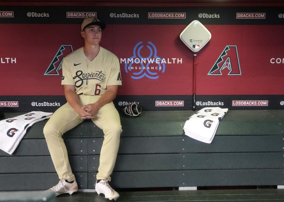 Arizona Diamondbacks outfielder Dominic Canzone (6) watches from the dugout before their game July 7 against the Pittsburgh Pirates at Chase Field.