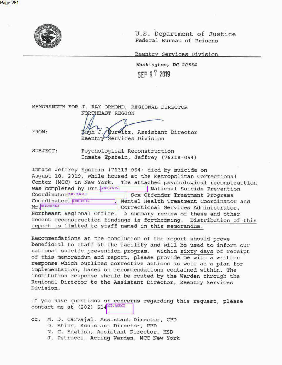 This photo shows one page of more than 4,000 pages of documents that the Associated Press obtained on Thursday, June 1, 2023, related to Jeffrey Epstein’s jail suicide from the federal Bureau of Prisons under the Freedom of Information Act. (Federal Bureau of Prisons via AP)