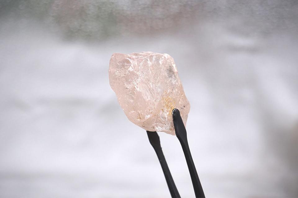 A handout photo made available by the Lucapa Diamond Company shows a 170 carat pink diamond recovered from Lulo, Angola 27 July 2022. A big pink diamond of 170 carats was discovered in Angola and is claimed to be the largest such gemstone found in 300 years. Called the Lulo Rose the diamond was found at the Lulo alluvial diamond mine in Angola according to the mine's owner, the Lucapa Diamond Company. 170 Carat pink diamond discovered, Luanda, Angola - 27 Jul 2022