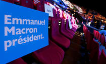 Placards in support of Emmanuel Macron, head of the political movement En Marche ! (Onwards !) and candidate for the 2017 presidential election, are seen before a campaign rally in Pau, Southwestern France, April 12, 2017. REUTERS/Regis Duvignau