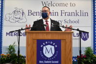 Education Secretary Miguel Cardona speaks during a tour at Benjamin Franklin Elementary School, Wednesday, March 3, 2021 in Meriden, Conn. (Mandel Ngan/Pool via AP)