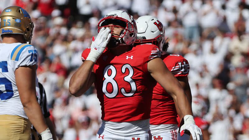 Utah Utes defensive end Jonah Elliss (83) celebrates a sack against UCLA in Salt Lake City on Saturday, Sept. 23, 2023. On Tuesday, Elliss announced he is declaring for the NFL draft.