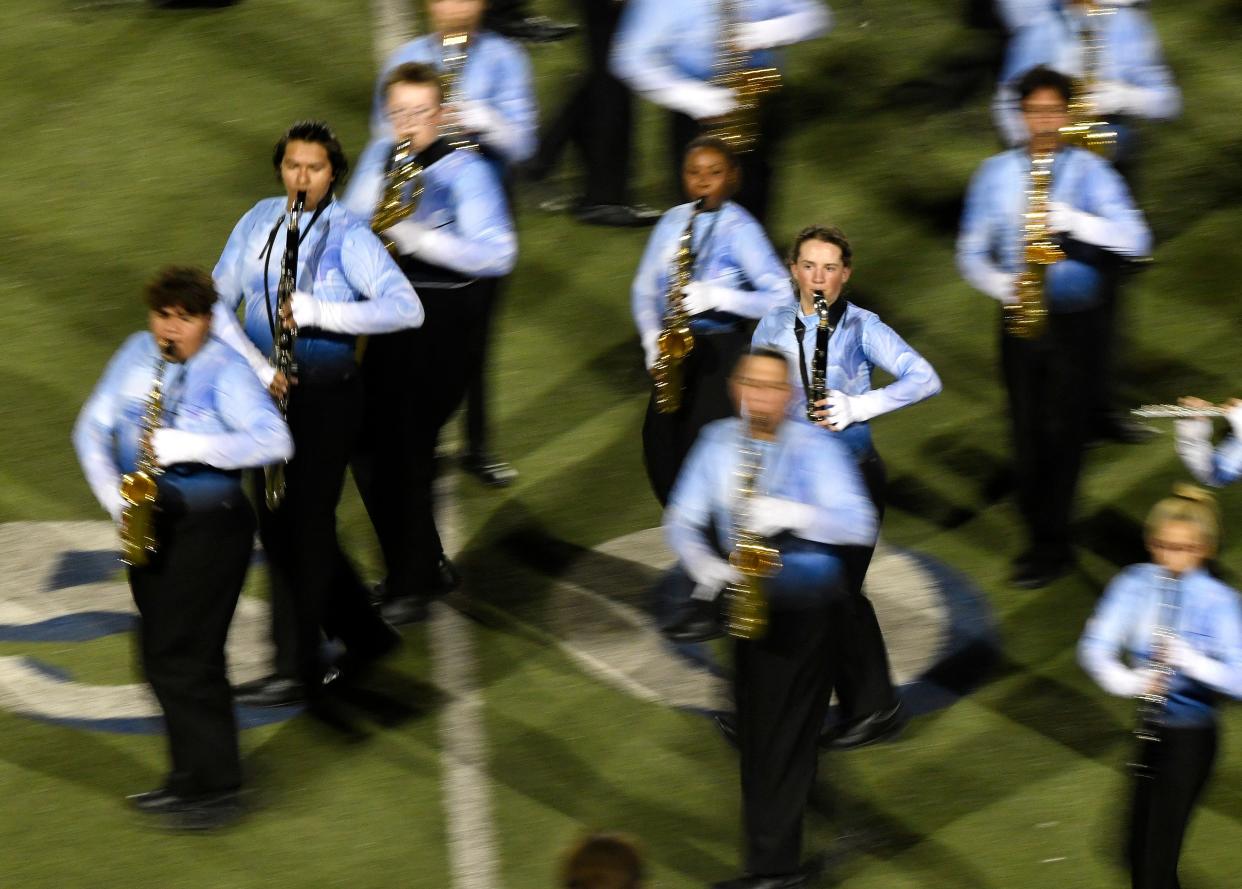 Coronado's band marches in the 5A UIL Region 16 marching contest, Saturday, Oct. 15, 2022, at PlainsCapital Park. Coronado received a Division 1 rating.