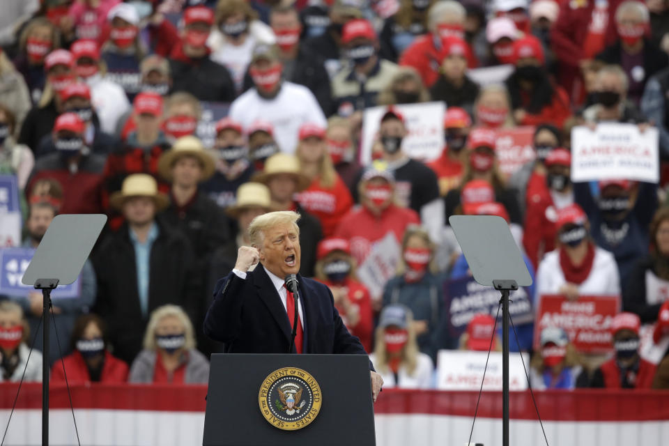 President Donald Trump gestures during a campaign rally at Lancaster Airport, Monday, Oct. 26, 2020 in Lititz, Pa. (AP Photo/Jacqueline Larma)