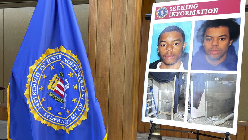 An information posterboard shows a photo of Negasi Zuberi, an Oregon man facing a federal charge of interstate kidnapping, at the FBI field office in Portland, Ore., on Wednesday, Aug. 2, 2023.