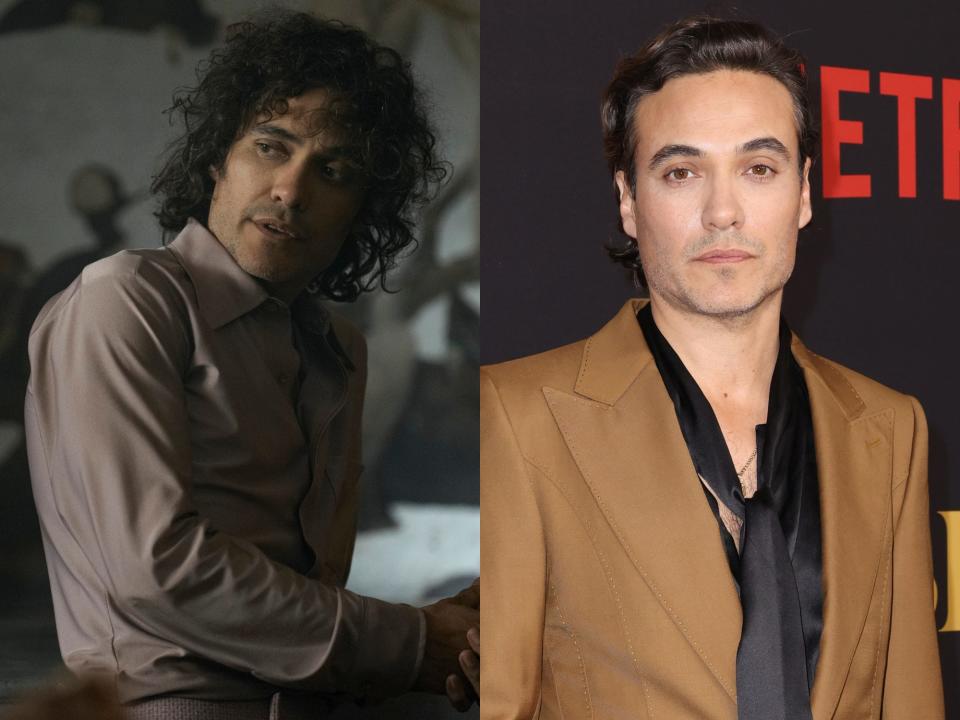 left: rivia in griselda, wearing a silky shirt, with his hair worn long and curly; right: martin rodriguez, i na black silken shirt and tan suit jacket, with his hair worn short and slicked back