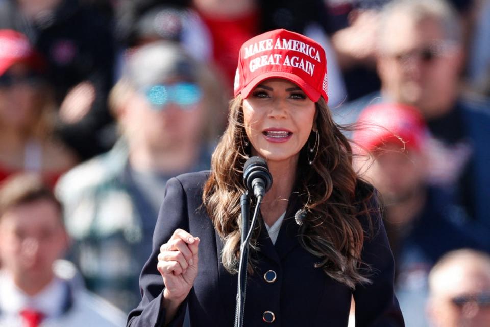 South Dakota Governor Kristi Noem speaks before Donald Trump during a Buckeye Values PAC Rally in Vandalia, Ohio, on March 16, 2024 (AFP via Getty Images)