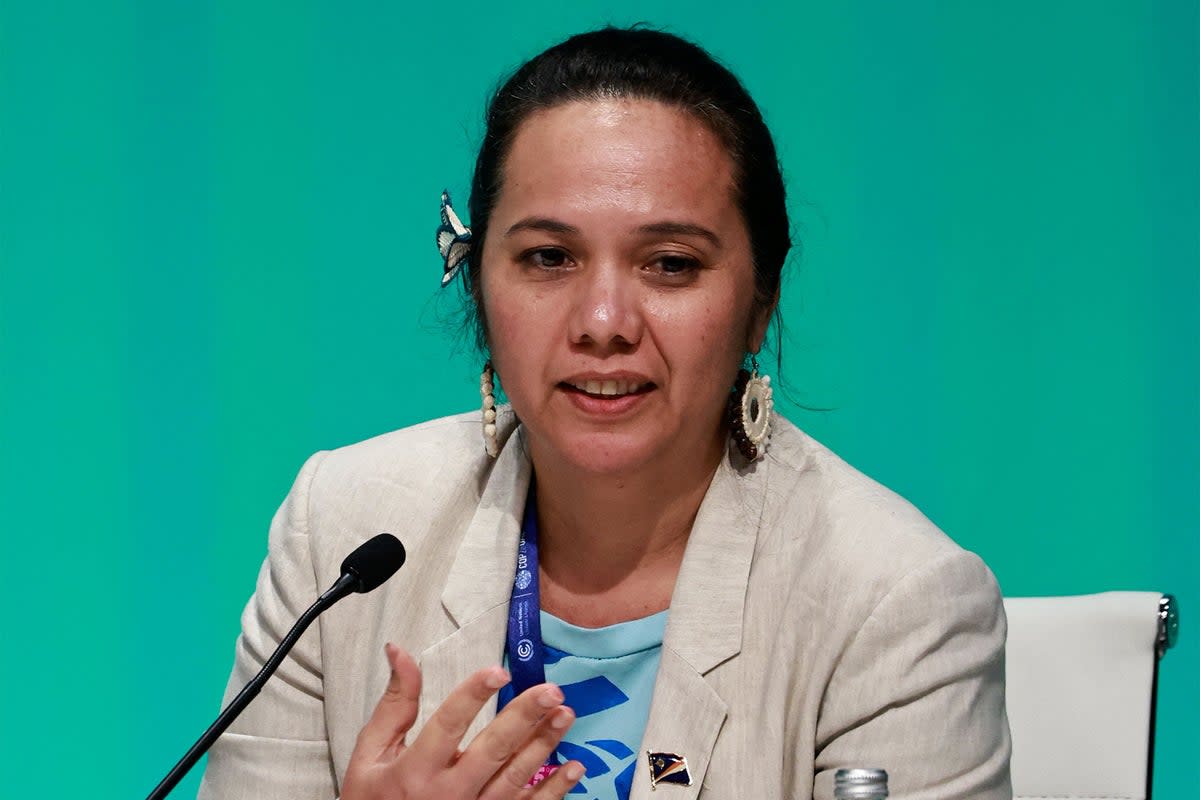 Climate Envoy for the Marshall Islands Tina Stege speaks during a press conference at Cop28 on 11 December in Dubai (REUTERS/Thaier Al-Sudan)