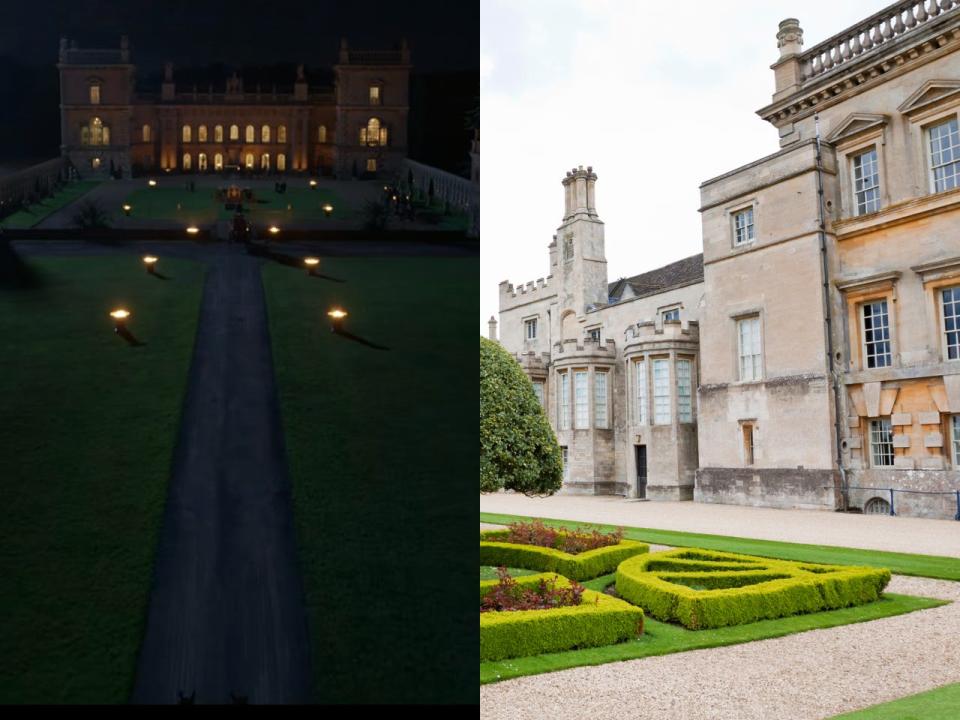 A night-time shot of Grimsthorpe Castle in "Bridgerton" illuminated by fire-lit lamps (left) and the same house shot at a closer angle in the daytime (right).