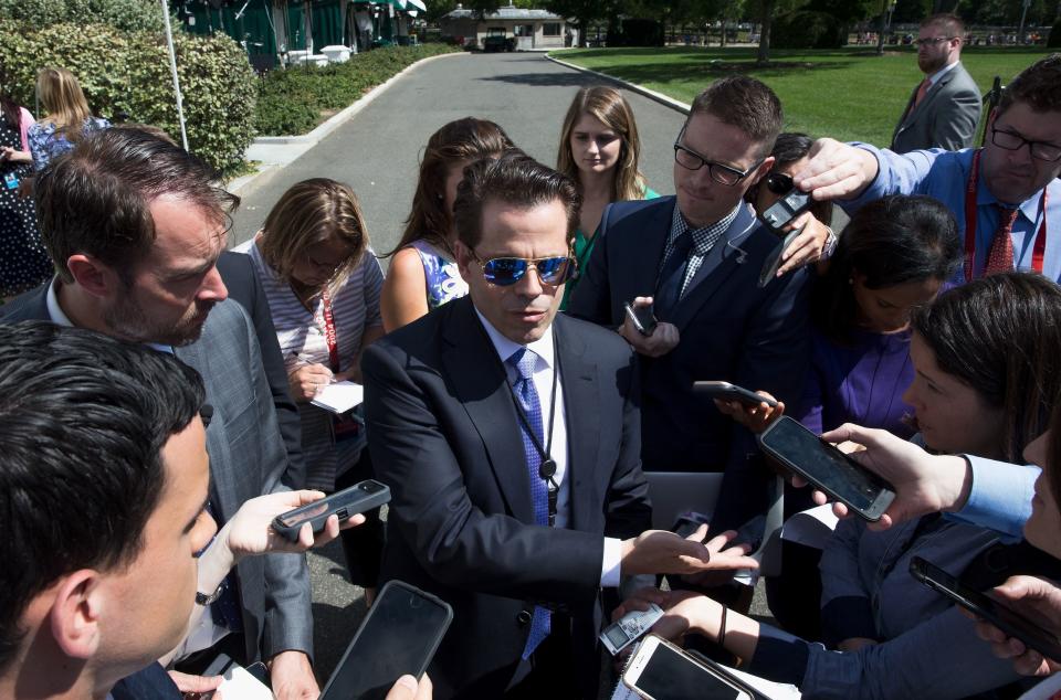 Scaramucci talks with the media outside the White House on July 25, 2017.