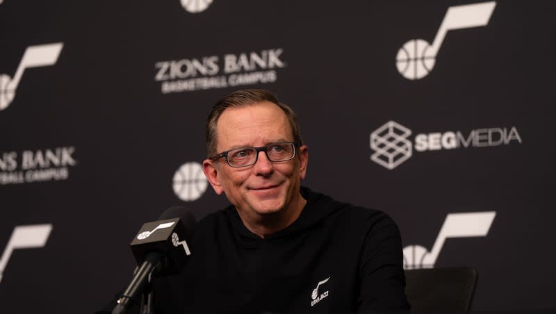 Utah Jazz general manager Justin Zanik speaks to media at the Zions Bank Basketball Campus in Salt Lake City on Saturday, Feb. 10, 2024.