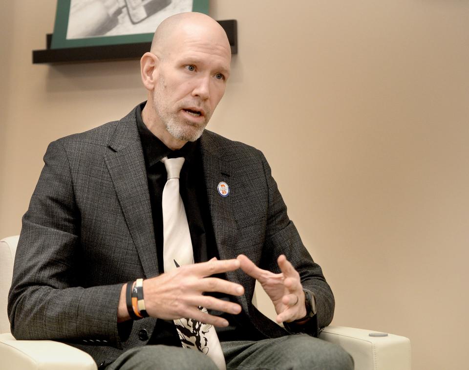 Dan Cox, Superintendent of Schools in Rochester, answers questions during an interview at Rochester High School Thursday, Feb. 1, 2024.