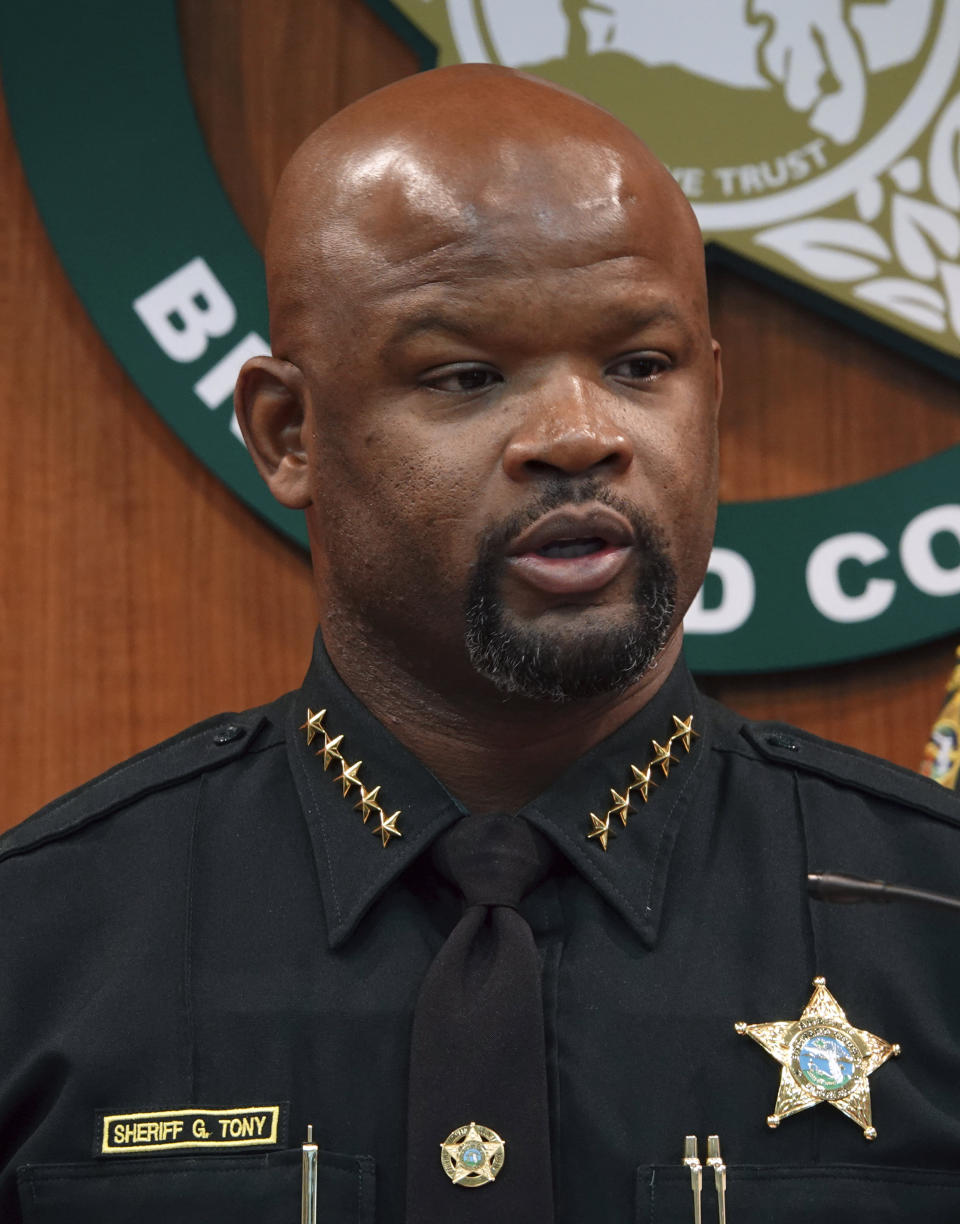 Broward Sheriff Gregory Tony speaks during a news conference at the Broward Sheriff's Office headquarters in Fort Lauderdale, Fla., June 26, 2019. Tony fired the president of his department's deputies union Thursday, Jan. 27, 2022 capping a three-year battle that escalated when the union chief accused him of not providing deputies with adequate protective gear against COVID-19. (Joe Cavaretta/South Florida Sun-Sentinel via AP)