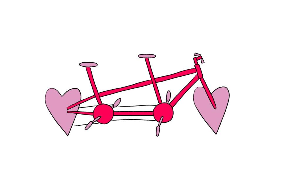 Illustration of a tandem bicycle with heart-shaped wheels