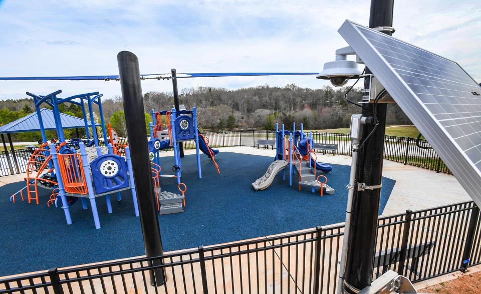 Solar powered security camera at a new community playground, where there is scheduled a ribbon cutting 10 am on April 1 at Dolly Cooper Park in Powdersville, S.C.