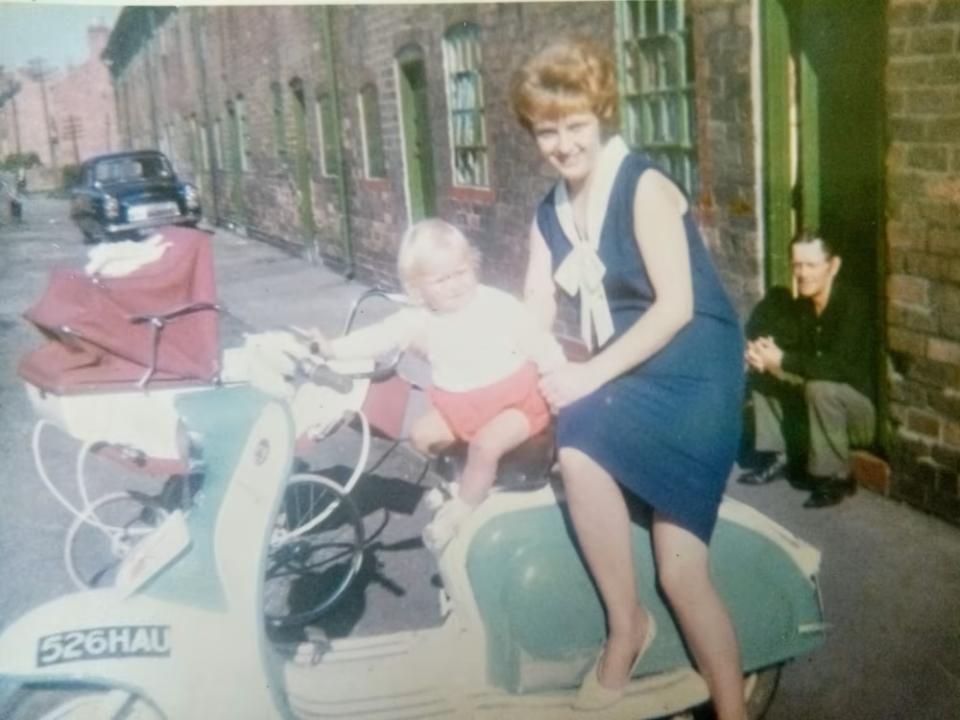 Alfred sitting on the step. Pictured on the motorbike is his daughter Julie and grandson Russell (Nottinghamshire Police/PA)