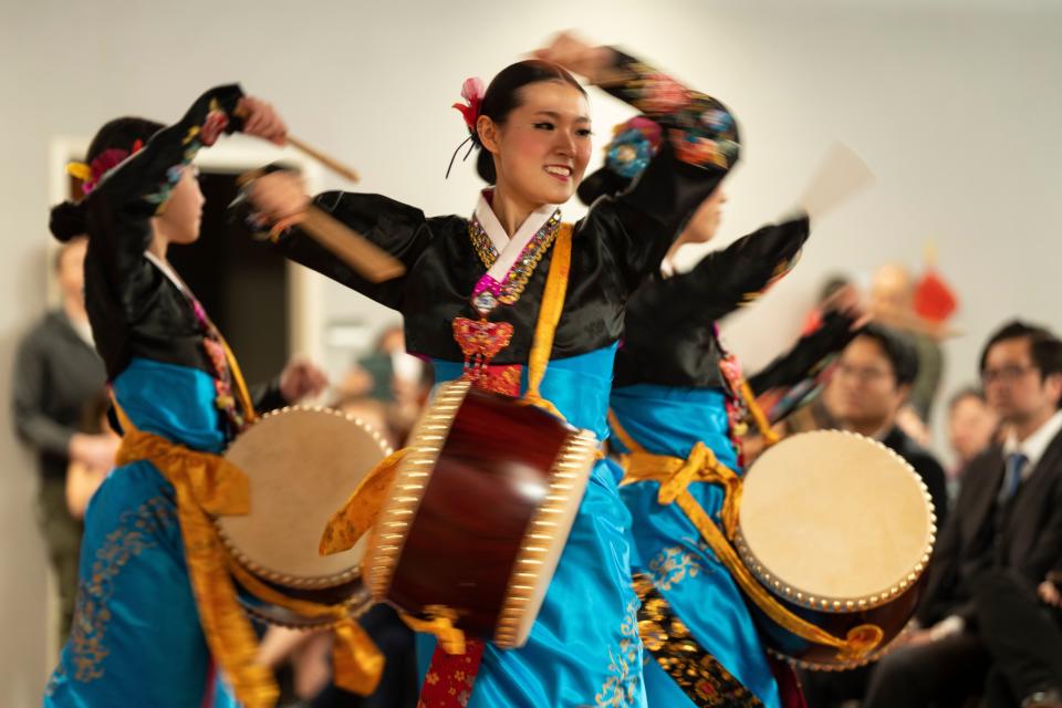 Jindo Buckchoom: The Drum Dance during a Lunar New Year celebration at 2 Bergen County Plaza in Hackensack, New Jersey on Feb. 8, 2024.