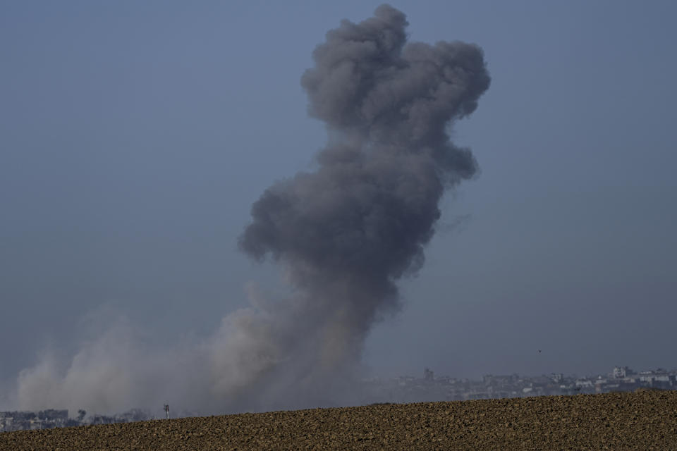 Smoke rises following an Israeli airstrike in the Gaza Strip, as seen from southern Israel, Thursday, July 11, 2024. (AP Photo/Tsafrir Abayov)