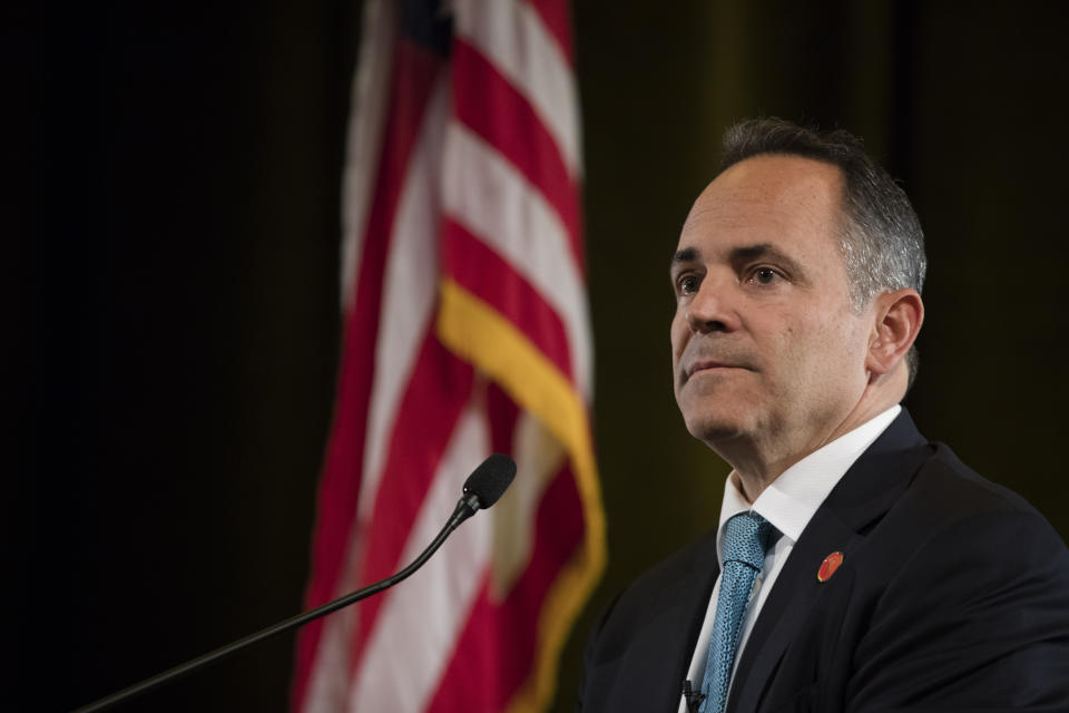 Republican Matt Bevin looks on during the final Kentucky gubernatorial debate between incumbent Republican Matt Bevin and Democratic candidate Andy Beshear on Tuesday, Oct. 29, 2019 in Highland Heights, Ky. (Albert Cesare/The Cincinnati Enquirer via AP, Pool)