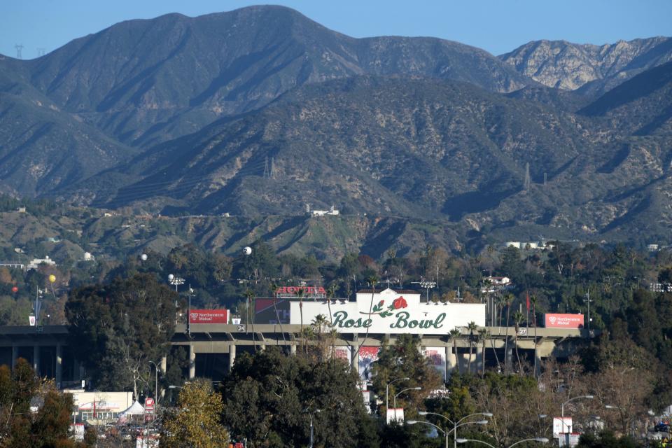 One of the iconic backdrops in all of sports, the San Gabriel Mountains overlooking the Rose Bowl in Pasadena, California.