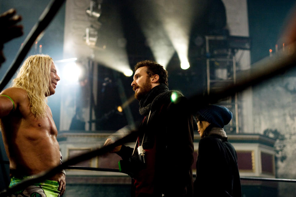 Mickey Rourke, left, and director Darren Aronofsky on the set of The Wrestler in 2008. 