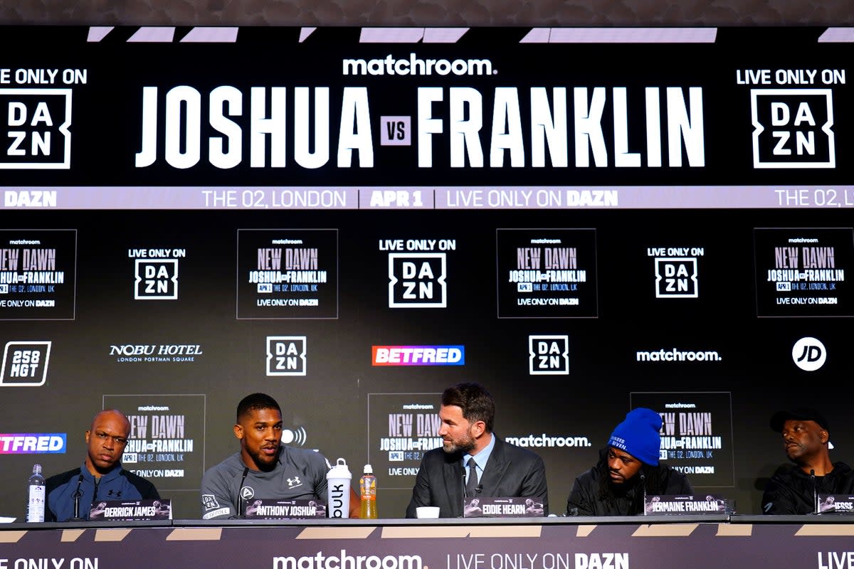 Derrick James and Anthony Joshua at Wednesday’s press conference (Zac Goodwin/PA) (PA Wire)