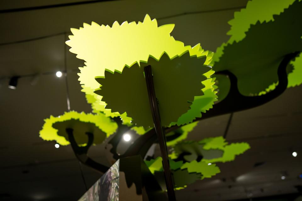 Artistic representations of trees are part of the display in the new exhibit “Becoming Jane: The Evolution of Dr. Jane Goodall” at the Natural History Museum of Utah in Salt Lake City on Saturday, Dec. 9, 2023. | Spenser Heaps, Deseret News