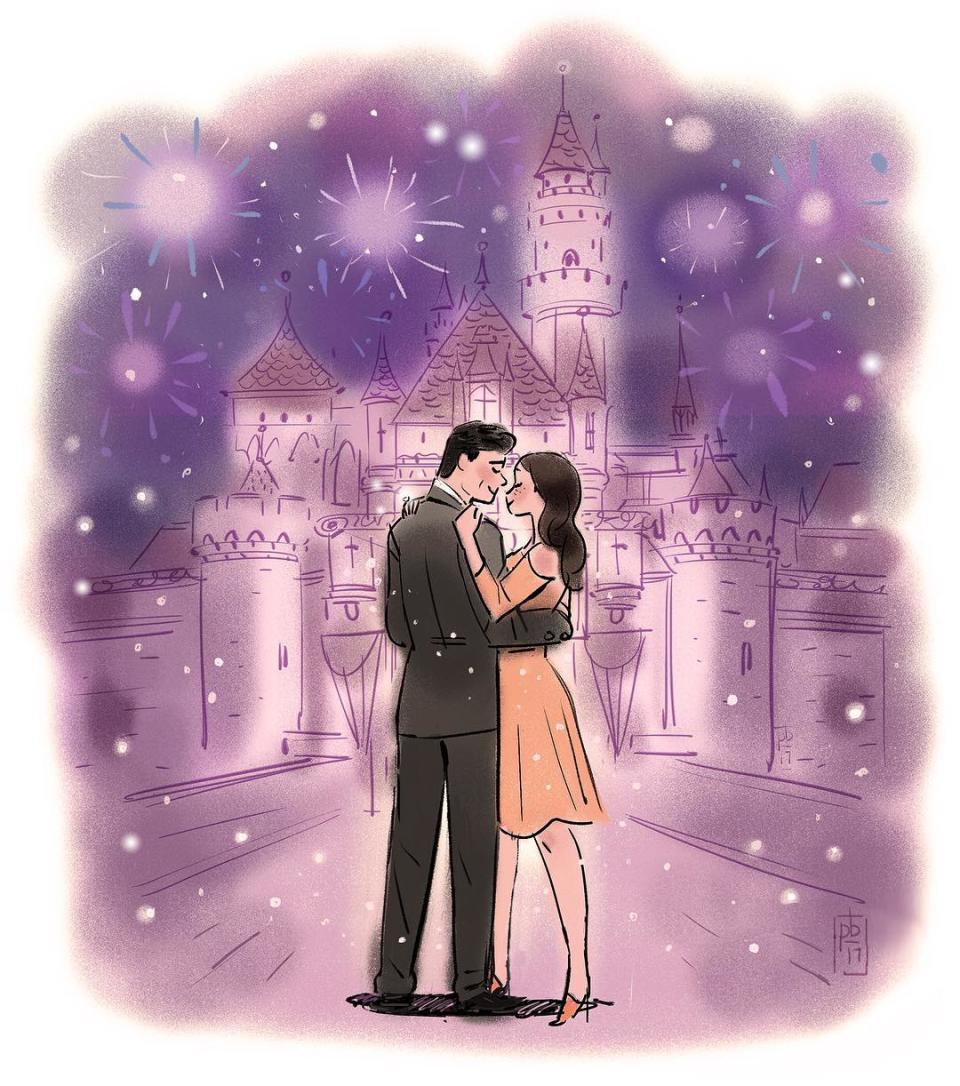 <p>Stamos clearly shares his fiancée’s passion for Disney. “I asked … she said yes! … And we lived happily ever after,” the actor captioned a cartoon photo of, presumably, himself and McHugh in front of Cinderella’s famed castle. (Photo: John Stamos via Instagram) </p>