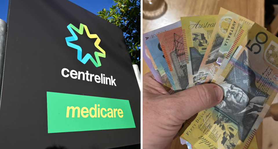 Centrelink sign next to person holding Australian money