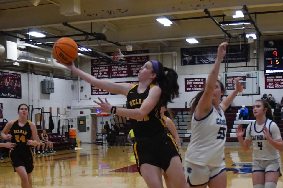 Delran's Riley Ahrens drives to the basket during a game against Wildwood Catholic in 2022.